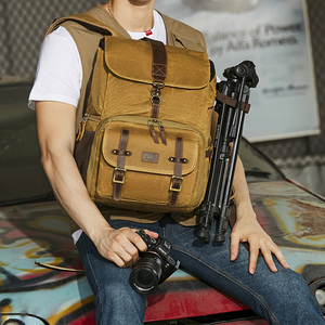 Cổ Điển Sáp Vải Da Máy Tính Xách Tay Ba Lô Không Thấm Nước Du Lịch Ngoài Trời Phiêu Lưu DSLR DSLR Máy Ảnh Ba Lô - Product Image 3