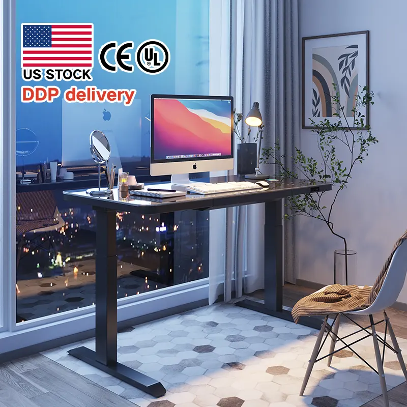 Home Office Computer Desk with Drawer Glass Tabletop Electric Lifting Smart Sit Stand Height Adjustable Standing Desk