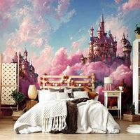 Peinture murale Art Déco Château Nuage Rose Fantaisie Nature Morte à l'Huile pour Chambres d'Enfants & Salons Décoration Personnalisée pour la Maison