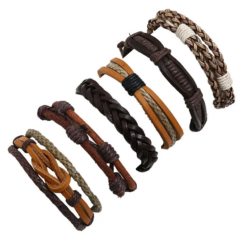Boho Beaded Jewelry Hemp Rope Hand Braided Leather Bracelet DIY Set Combination Vintage Leather Bracelet Bracelet