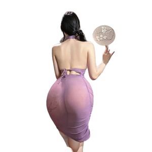 Robe de nuit sexy Cheongsam pour femme Violet Crabapple Kite, sans manches, en dentelle transparente, en polyester doux - Product Image 5