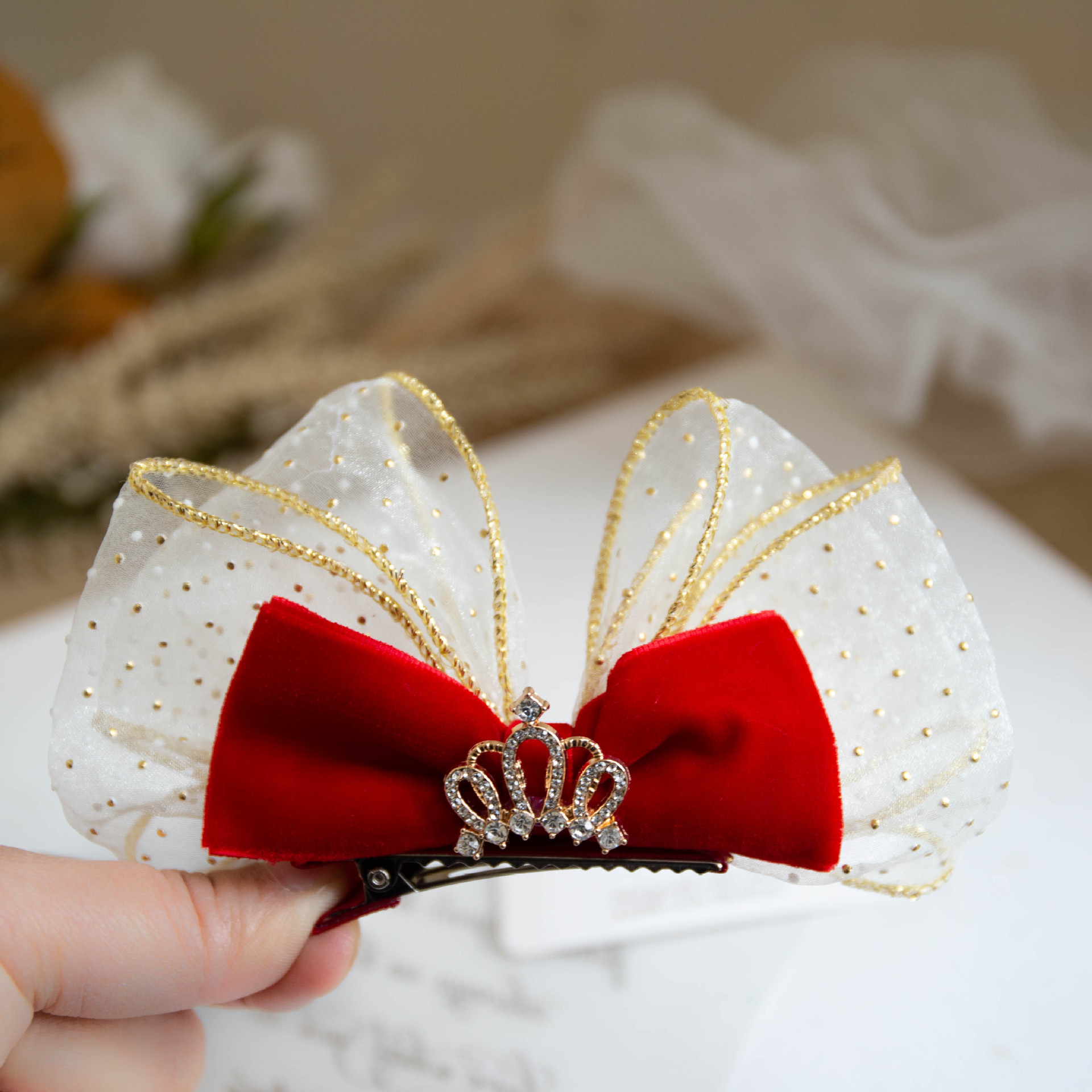 New Years Red Velvet Gauze Hair Bow Clip With Rhinestone 