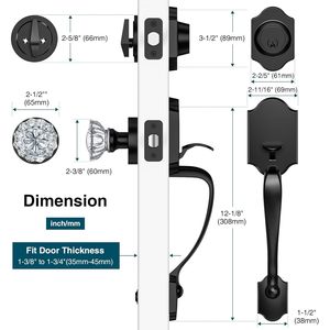 Calzibeno <b>Black</b> Front <b>Door</b> Handle And Deadbolt Set With Crystal Glass <b>Knob</b> Entry Lock Matte Finish Zinc Material - Product Image 6