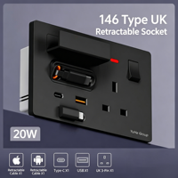 Prise escamotable YuHe Group 146 Type 20W QC PD USB-C/USB-A 2 ports 1 prise 2 interrupteurs à bascule PC ignifuge Smart Life moderne