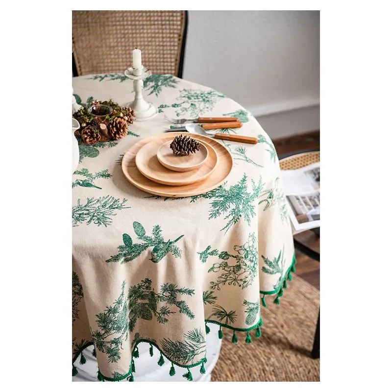 Green fringed edge cotton linen printed tablecloth for round rectangular table