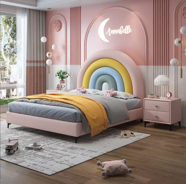 Özel boyut Modern döşemeli gökkuşağı deri güzel çift çocuk yatak çocuklar için yatak odası mobilyası