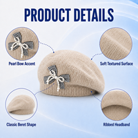 Béret en tricot beige pour femme, chaud et doux, ton avoine, avec nœud en carreaux vichy et perle, élégant, neutre, chic, vente en gros