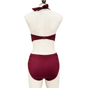 Bikini Halter Color Borgoña con Escote Cruzado y Cintura Alta Fruncida <span class=keywords><strong>para</strong></span> un Look Sofisticado en Resorts, Top Halter con Lazos en la Espalda, Comodidad <span class=keywords><strong>para</strong></span> Curvas - Product Image 6