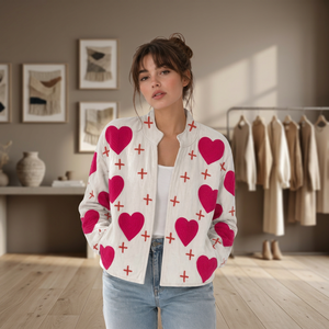 Heart Pattern Embroidered Bomber Jacket For <b>Women</b> <b>Spring</b> Stand Collar Full Sleeve Open Closure Woven Polyester <b>Coat</b> - Product Image 3