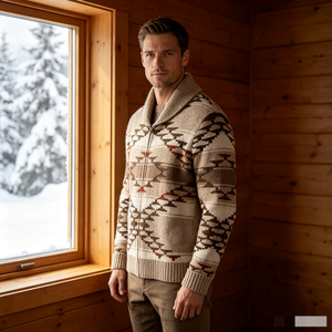 Cardigan en maille pour <span class=keywords><strong>homme</strong></span> automne-hiver, style sud-ouest, avec fermeture éclair intégrale, motif géométrique Navajo et motif losanges escalonnés, coupe ample - Product Image 1