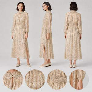 Abito midi da donna <span class=keywords><strong>con</strong></span> stampa floreale, collo alto, <span class=keywords><strong>maniche</strong></span> <span class=keywords><strong>lunghe</strong></span>, vita arricciata, <span class=keywords><strong>spacco</strong></span> laterale e dettaglio <span class=keywords><strong>con</strong></span> laccio al collo - Product Image 3