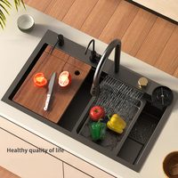 Bol unique SUS304 de haute qualité avec lave-tasses évier de cuisine fait à la main Smart Undermount évier de cuisine multifonction cascade