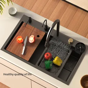 Pia de cozinha multifuncional cascata inteligente feita à mão em aço inox com lavadora de copo