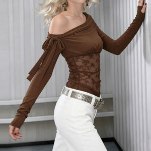 Camiseta de Mujer de Manga Larga con Hombros Descubiertos, Tejido Transpirable, Encaje y Parches, Ajuste Delgado, Estilo Club, Moda 2026 - ¡Gran Venta! - Product Image 5
