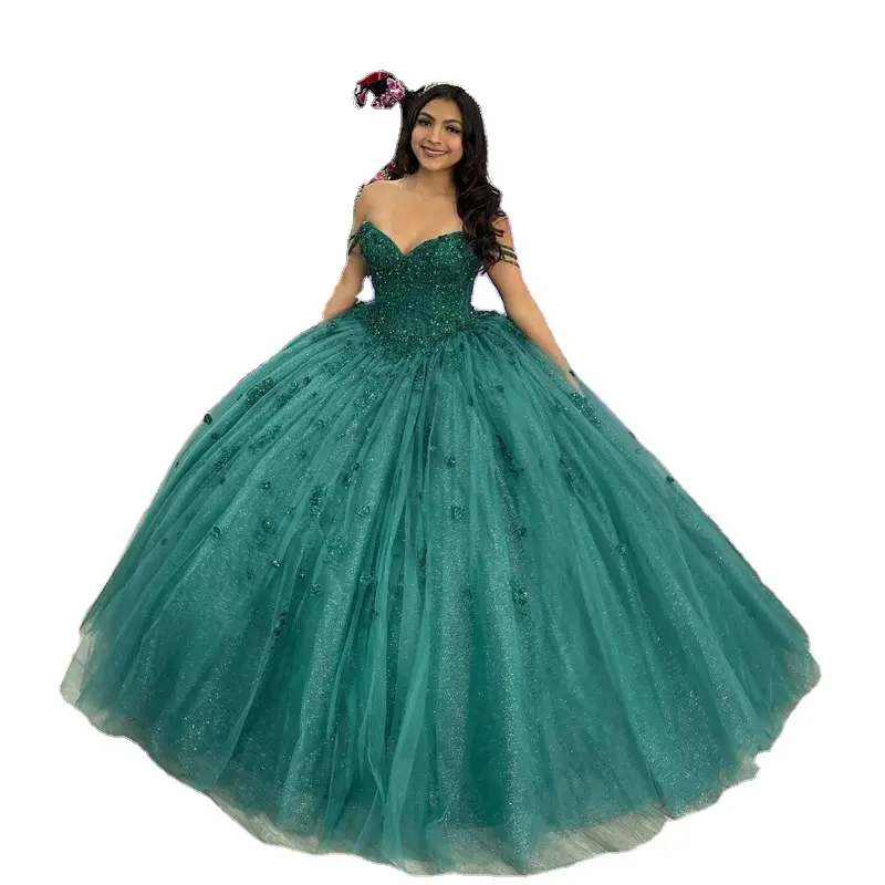 QD1630 Изумрудно-зеленое бальное платье Quinceanera, платье с открытыми плечами, 3D цветочное кружево для 15-летия, для принцессы, вечеринки, выпускного вечера