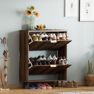 Meuble à chaussures étroit finition noyer, meuble à chaussures moderne autoportant pour entrée avec 2 tiroirs rabattables - Product Image 5