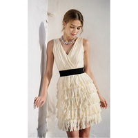Robe mini d'été sans manches, col en V, ceinturée, à volants et franges, élégante pour cocktail et soirée, personnalisation OEM prise en charge