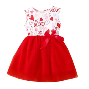 2024 New Sleeveless Heart Printed Red Valentine's Day Girls Tulle Dress 2-12 Children Clothing