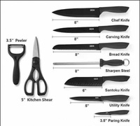 Ensemble de 16 pièces personnalisable pour cuisine : Couteaux antiadhésifs, couteau à steak, couteau de chef, couteau à pain, ciseaux, éplucheur