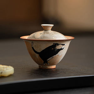Чайная чашка и гайвань из винтажной японской керамики ручной работы, 130 мл, классический дизайн, экологически чистый, с рисунком кошки - Product Image 1