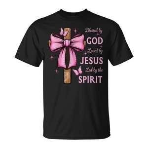 Camiseta Blessed By God Loved By Jesus con lazo rosa y cruz - Product Image 1