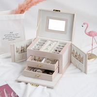Mallette de Rangement à Bijoux de Luxe en Gros, Grande Boîte à Bijoux à 3 Tiroirs avec Miroir en Cuir PU, Organisateur Valise avec Poignée