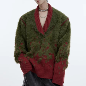 Áo len nam cổ V phối màu dệt kim dáng rộng chất liệu lông mềm mại chống lông chồn, kiểu dáng độc đáo mùa Thu Đông, thích hợp cho năm mới - Product Image 1