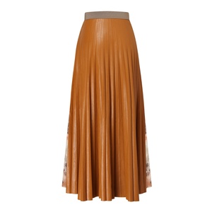 Custom Elegant Beige Organza Y2k Digital Print Midi Long <strong>Skirts</strong> Pleated Pu Leather <strong>Skirt</strong> For Women Ladies Office - Product Image 2