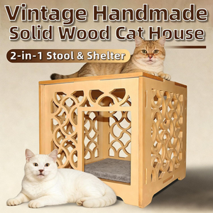 Maison pour chat en bois massif sculpté à la main, style vintage, creuse et en forme de cube, abri intérieur pour chatons et petits chats, couleur bois naturel - Product Image 3