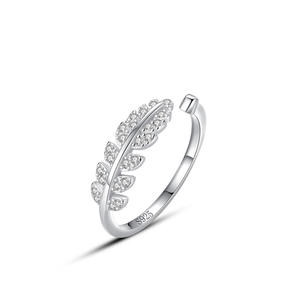 패션 새로운 디자인 925 스털링 실버 조절 가능한 반지 여성용 다이아몬드 잎 손가락 반지 - Product Image 6