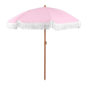 Boho Fringe Vintage Garden Umbrella Manual Iron <b>Frame</b> Extra Large Custom Patio Shade with Push-Button Tilt & Wood Print Design - Product Image 2