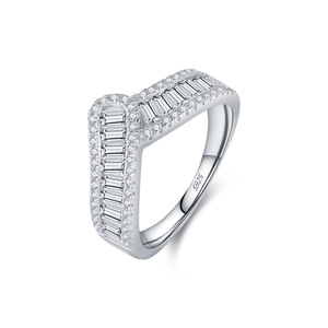 S925 Silver Women's Baguette <b>Diamond</b> Cocktail <b>Ring</b> Geometric Pave Setting Rhodium Plated Luxury Engagement <b>Ring</b> - Product Image 1