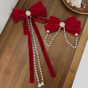 Jepit Rambut Kain Pita Merah Elegan dengan Rantai Mutiara, Pita Kristal Vintage, Jepit Rambut Wanita untuk Pesta Pernikahan, Pengantin, Buatan Tangan Berkualitas Tinggi - Product Image 2