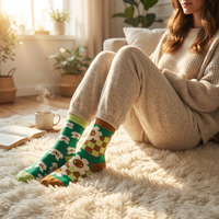 Chaussettes asymétriques vertes à motif échiquier et fleurs souriantes pour chiots, vente en gros