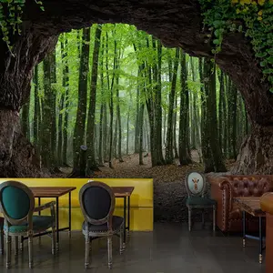 3D三次元洞窟の壁紙自然の森の風景の壁紙テレビの背景レストランスペース粘着性の壁のステッカー