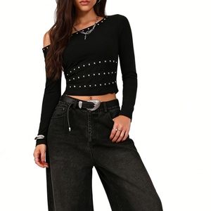 Haut asymétrique à une épaule clouté à manches longues pour <span class=keywords><strong>femme</strong></span> - <span class=keywords><strong>T</strong></span>-<span class=keywords><strong>shirt</strong></span> court ajusté Sehe Fashion - Product Image 4