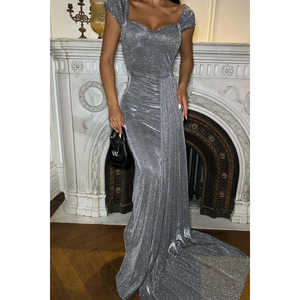 Grey Glittery A-Line Evening Dress with Tiered Rhinestone and Pearl Decorations Chic Simple Style Floor-Length Party Prom Dress - Product Image 4