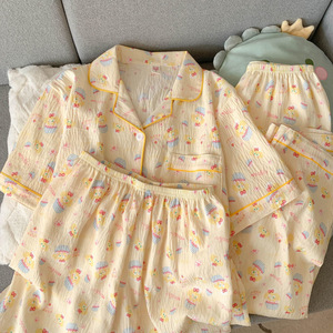 Nuovo <span class=keywords><strong>pigiama</strong></span> estivo di <span class=keywords><strong>cotone</strong></span> per le donne dolce cartone animato pantaloncini a maniche corte pantaloni lunghi tre pezzi per la casa abbigliamento da donna capispalla - Product Image 5