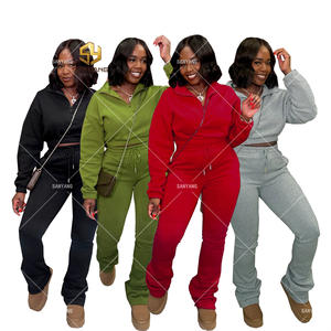 Setelan Wanita 2 Potong Atasan Crop Top Jaket Hoodie Celana Jogger Setelan Wanita Dua Potong Setelan Olahraga Resleting - Product Image 1