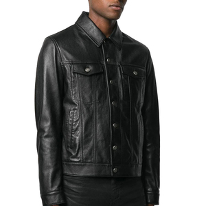Veste en cuir pour homme, couleur unie, boutonnée sur le devant, col montant, vêtement d'extérieur décontracté - Product Image 1