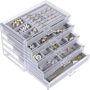 Low price Factory wholesale 5 drawers clear acrylic velvet jewelry box jewellery organizer Display Case for Earrings, Rings