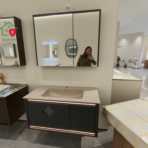 Mueble de Baño de Pared que Ahorra Espacio con Espejo con Luz LED y Lavabo Individual, Gabinete de Almacenamiento de Madera Sólida para Apartamento - Product Image 1