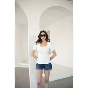 Blusa Minimalista de Cuello Cuadrado para Mujer, Manga Corta, Tejida, Transpirable, para Uso Diario - Product Image 2