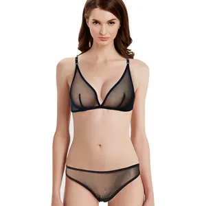 Conjunto de sutiã e calcinha feminino, top transparente de malha, lingerie sexy, roupa íntima