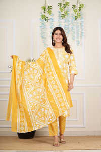 Coton Cambric Ensembles Décontractés pour Femmes Couleur Personnalisée Motif de Broderie Imprimé Floral Manches 3/4ème Pantalon Cheville Dupatta Régulier - Product Image 2