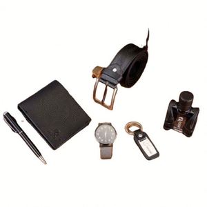 2021 Luxury Fashion Leather Watch 6-Piece <b>Gift</b> Set Alloy Case Sapphire Crystal Chronograph Quartz Movement Men's Belt Wallet - Product Image 4