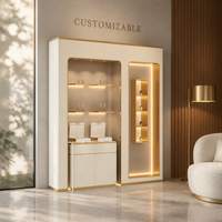 Vitrine murale pour bijoux avec éclairage LED et tiroirs, beige et or, pour boutique, vente en gros