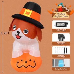 Décoration gonflable personnalisée de 1,57 m pour Thanksgiving : Chiot mignon sur citrouille avec chapeau de pèlerin et LED intégrées, idéal pour les fêtes d'intérieur et Halloween - Product Image 6