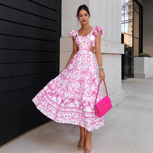 Vestido Largo Estampado con Aberturas para Mujer Estilo Europeo-Americano, Cuello Corazón, Mangas con Volantes, Cintura Imperio, Estilo Casual Diario Transpirable - Product Image 4