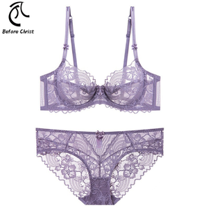 Conjunto de sujetador y bikini de encaje floral ultrafino sexy para mujer, copa 3/4, con aros, tirantes ajustables festoneados, tallas 32-38, 4 colores - Product Image 1